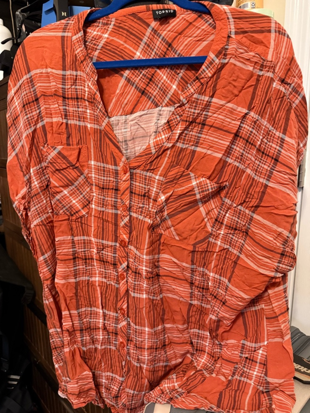 Torrid Rust Orange Plaid Shirt with Black & White Stripes